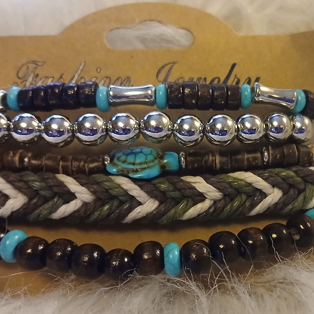 Boho Beaded Bracelet Set with Silver Accents